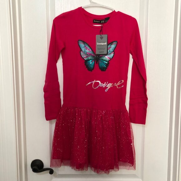 Desigual Girl Long Sleeve Pink Dress Sequin Tulle Skirt Butterfly Applique 11/12 - Picture 1 of 6